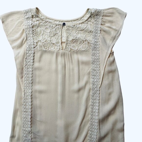 LOVE FIRE Women's Top Small Cream Lace Keyhole Back Ruffled Cap‎ Sleeves Crinkle - Picture 4 of 7